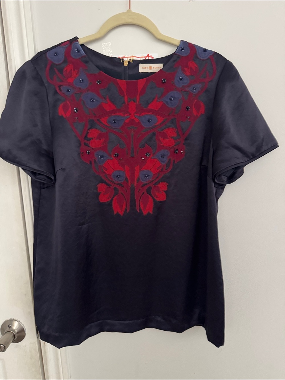 Tory Burch Navy Silk Short-Sleeve Blouse with Red Embroidered Yoke size l